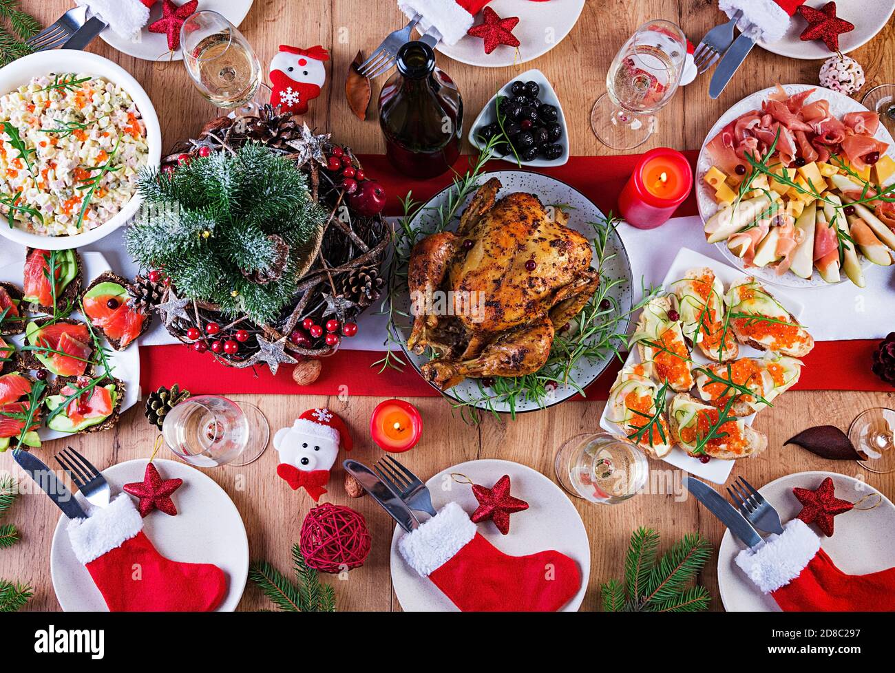 Baked turkey. Christmas dinner. The Christmas table is served with a