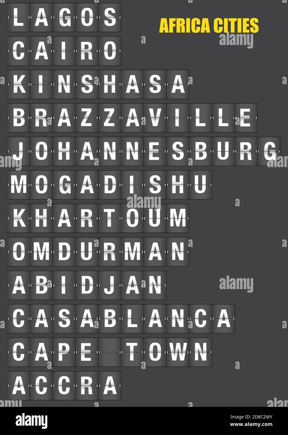 Names of African cities on old fashion split-flap display like travel destinations in airport flight information display system and railway stations t Stock Vector