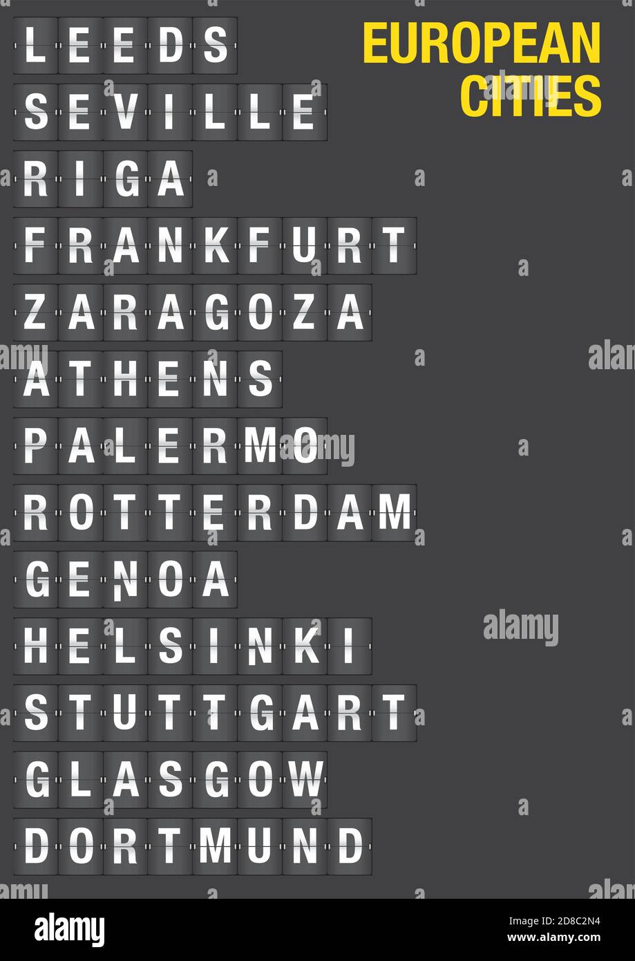 Name Of European Cities On Airport Flip Board Style Vector Font Design Stock Vector Image Art Alamy Name Of European Cities On Airport Flip Board Style Vector Font Design Stock Vector Image Art Alamy