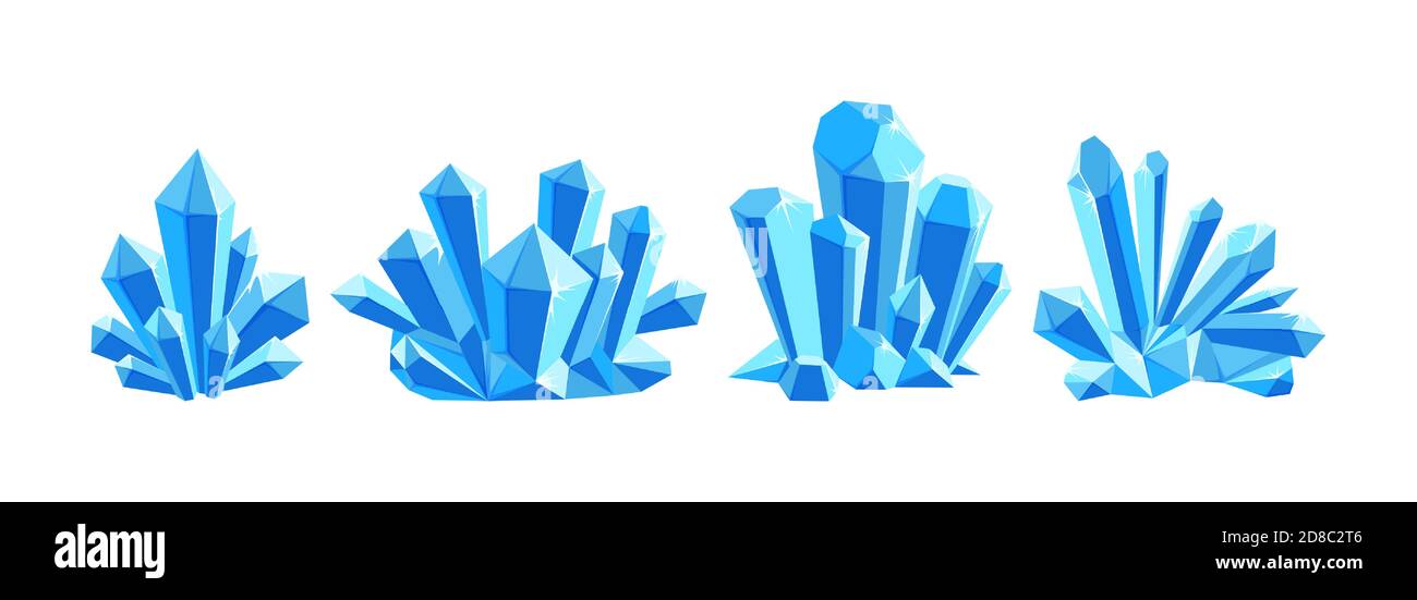 Ice crystals or blue gem stones. Set of crystal druses made of blue quartz isolated in white