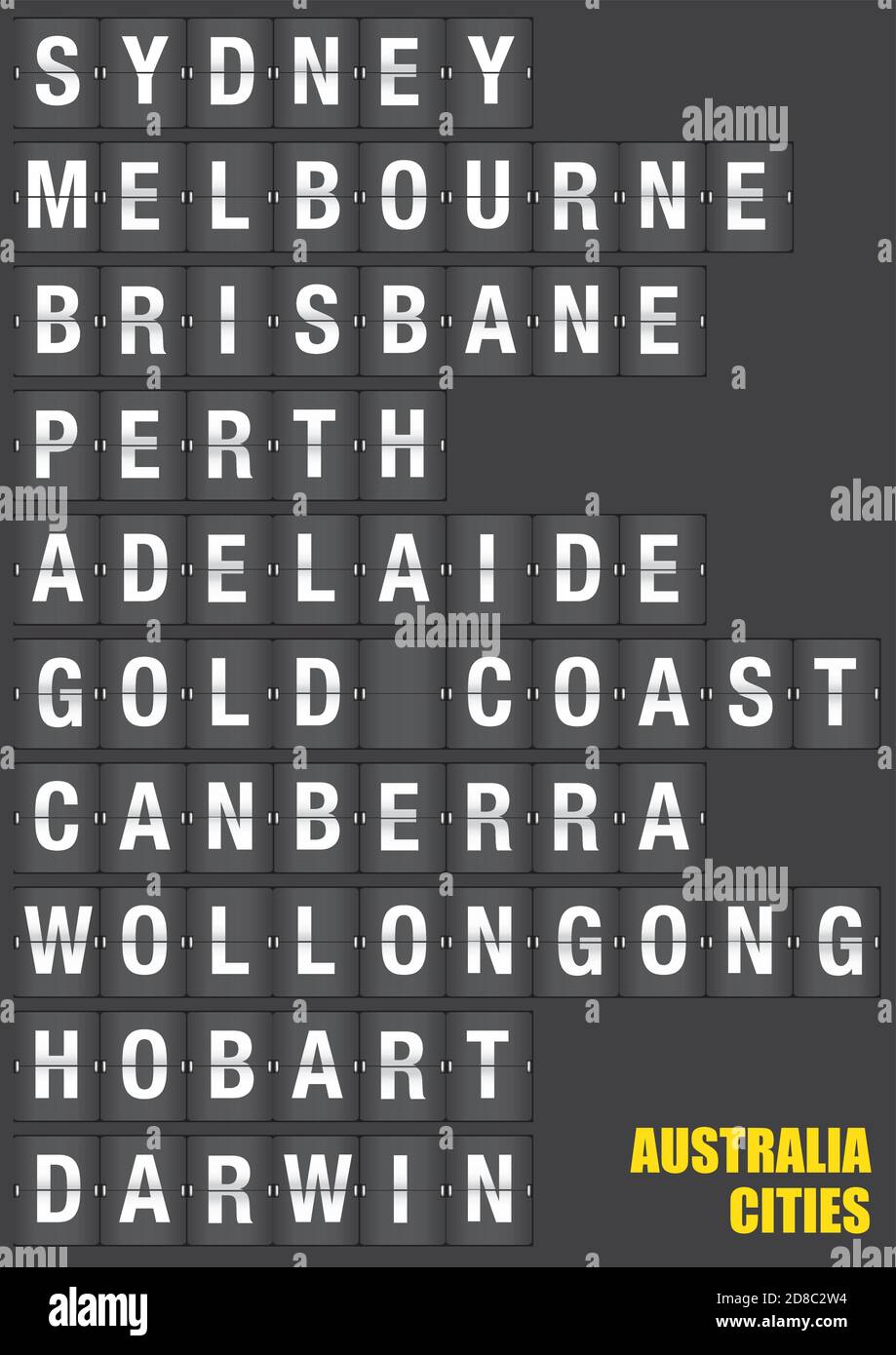 Names of Australian cities on old fashion split-flap display like travel destinations in airport flight information display system and railway station Stock Vector