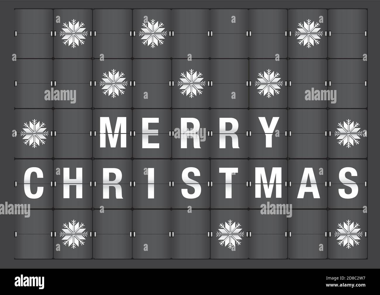 Vector illustration of holiday greeting, Merry Christmas, and snow flakes on airport flip chart. Stock Vector
