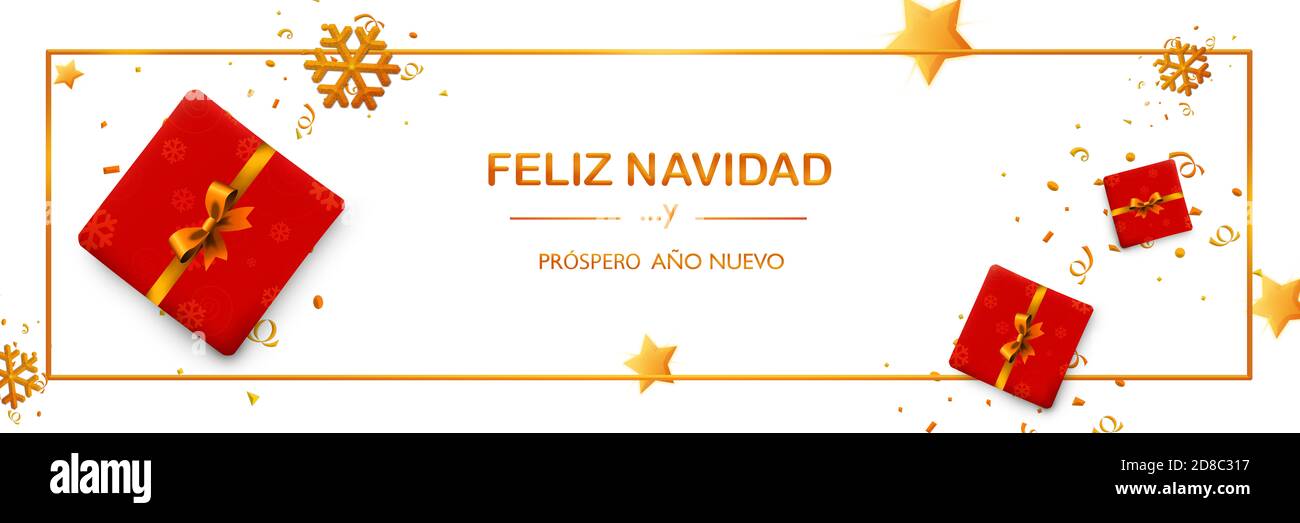 feliz navidad y prospero nuevo año banner xmas background on white, stars, snowflakes, red gift box and text in spanish language, tip view or eye bird Stock Photo
