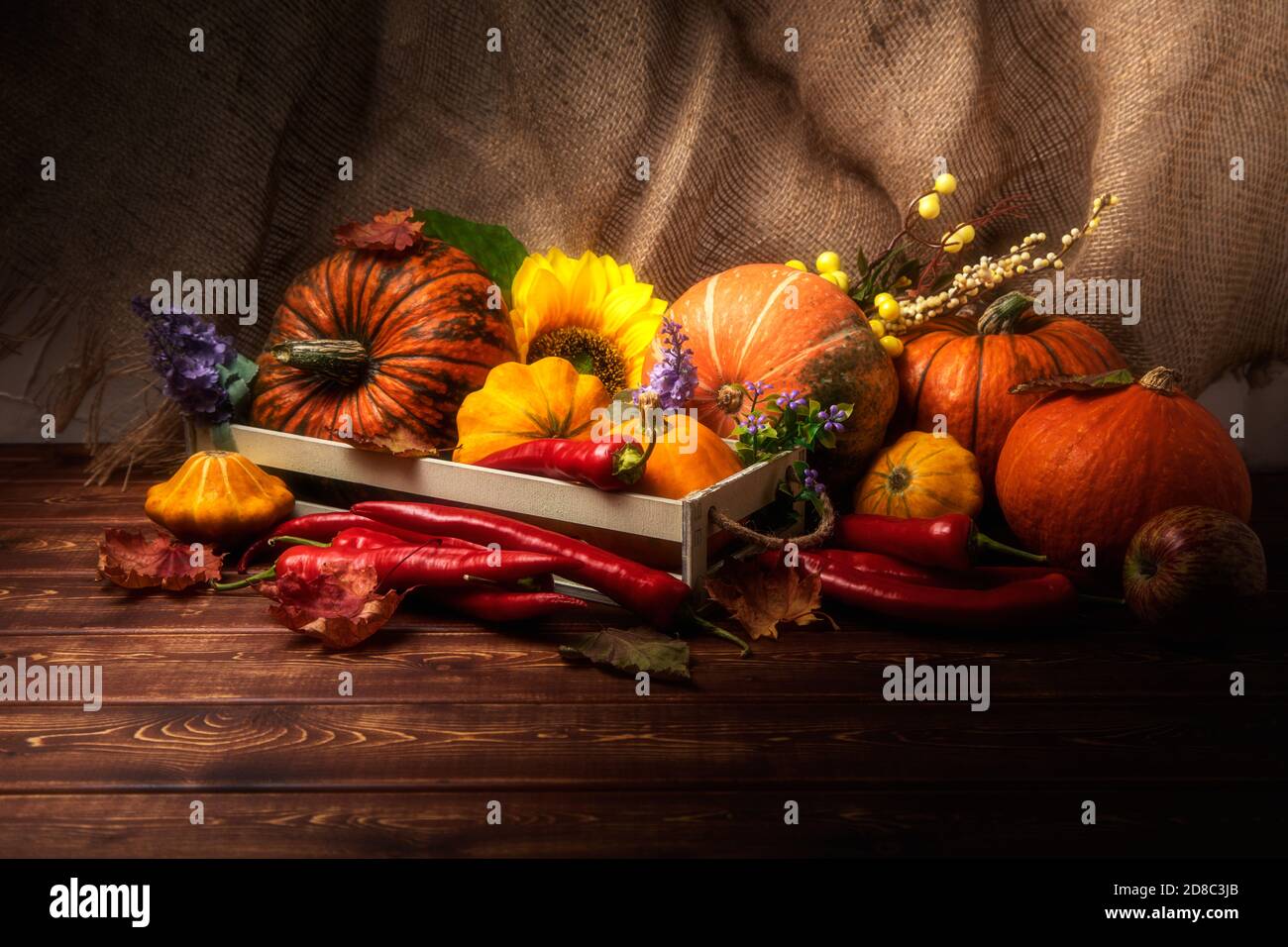 Rustic fall table centerpiece with flowers, pumpkins, red hot chili peppers, green apples, autumn leaves, copy space Stock Photo