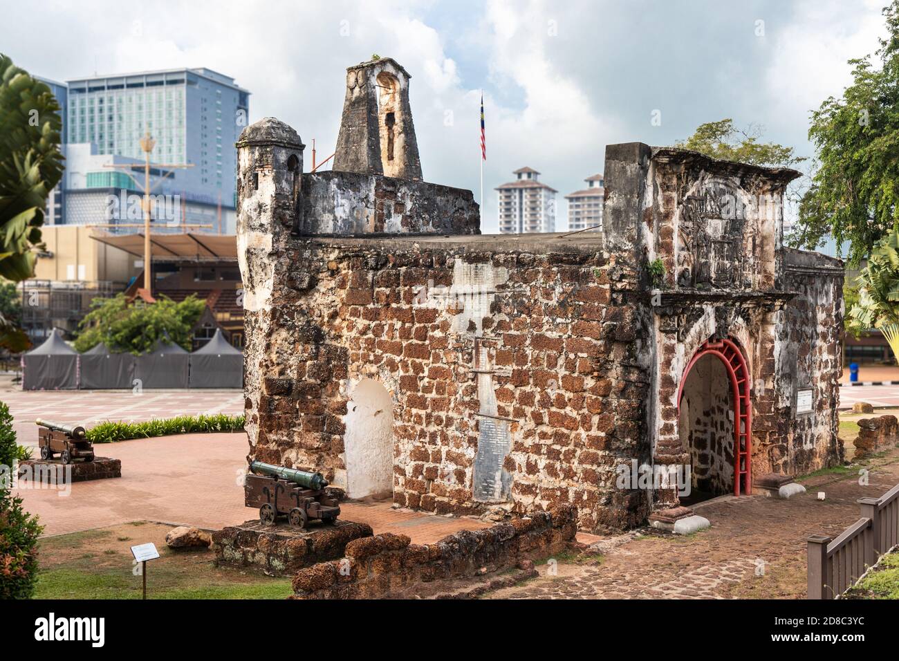 Historic ruins A Famosa is ancient Portuguese fortress. Popular tourism destination in Malacca. No people. Stock Photo