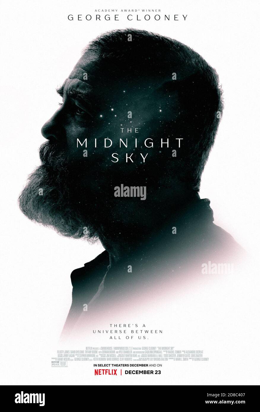 RELEASE DATE: TITLE: December 23, 2020 The Midnight Sky STUDIO: Netflix DIRECTOR: George Clooney PLOT: This post-apocalyptic tale follows Augustine, a lonely scientist in the Arctic, as he races to stop Sully and her fellow astronauts from returning home to a mysterious global catastrophe. STARRING: GEORGE CLOONEY as Augustine poster art. (Credit Image: © Netflix/Entertainment Pictures) Stock Photo