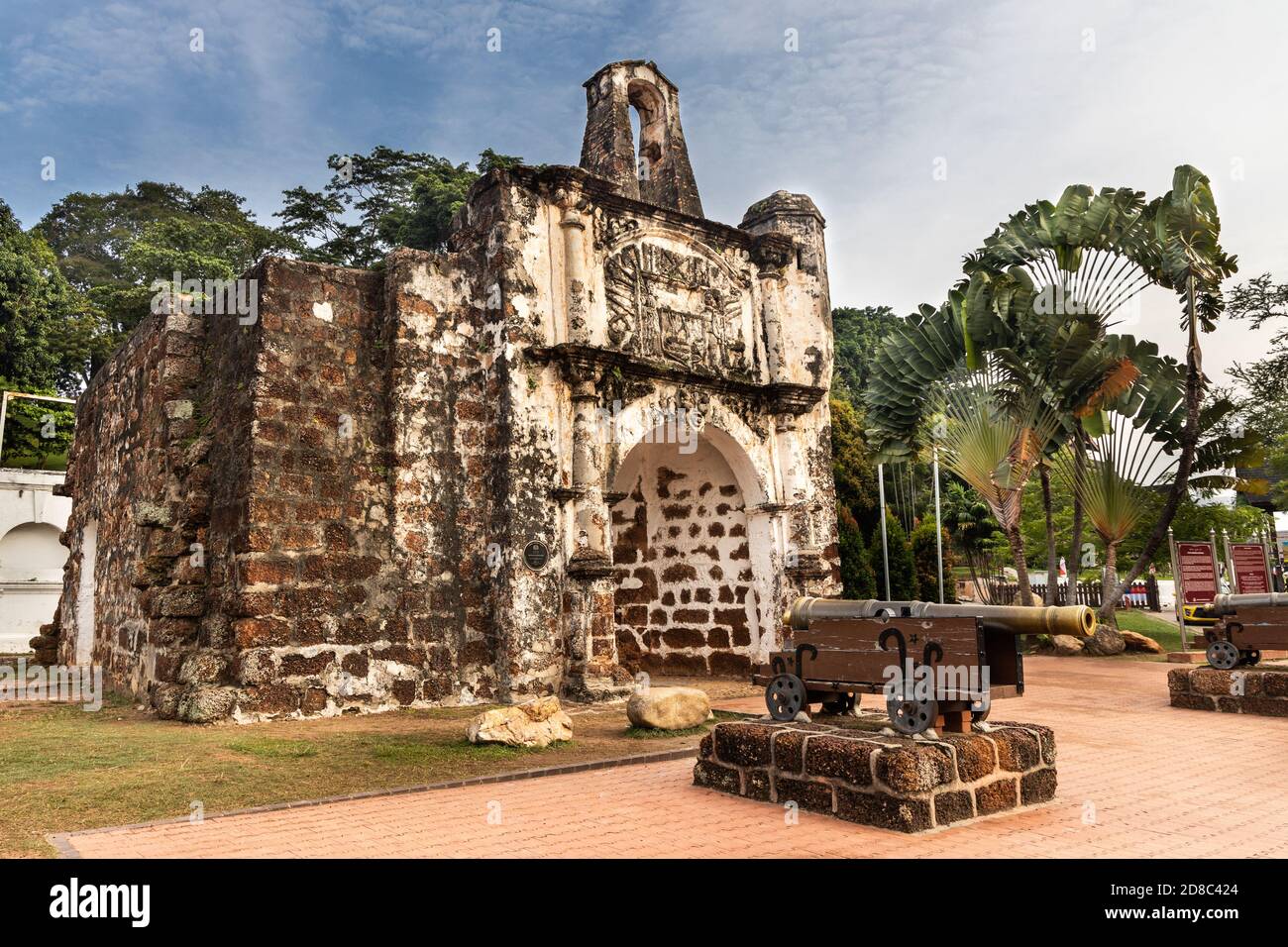 Historic ruins A Famosa is ancient Portuguese fortress. Popular tourism destination in Malacca. No people. Stock Photo