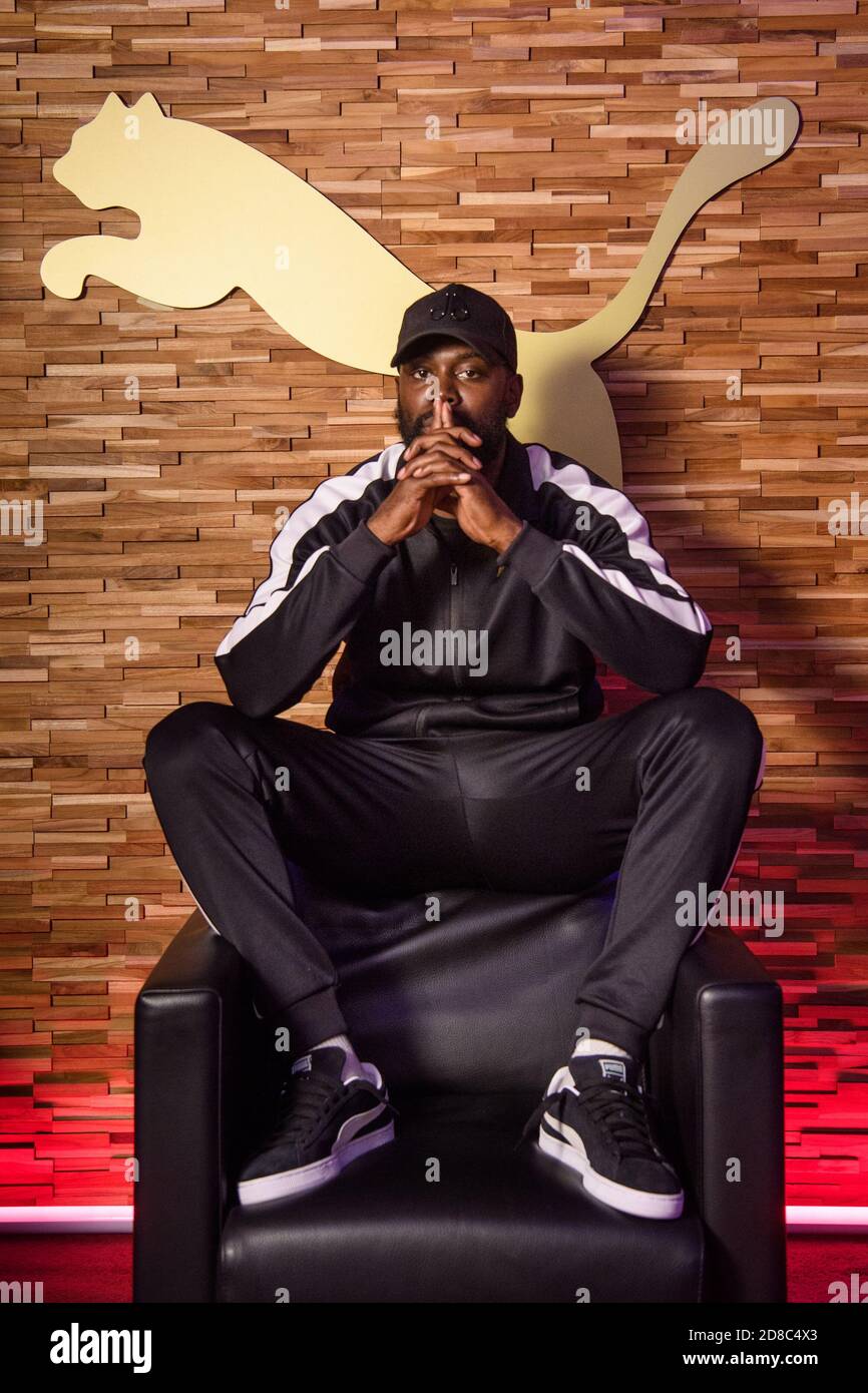 EDITORIAL USE ONLY Grime artist Ghetts records his new track alongside  Myers and Villz, titled Newham, produced by TenBillion Dreams, to launch  the Suede Music Studio by PUMA in Ladbroke Grove, London