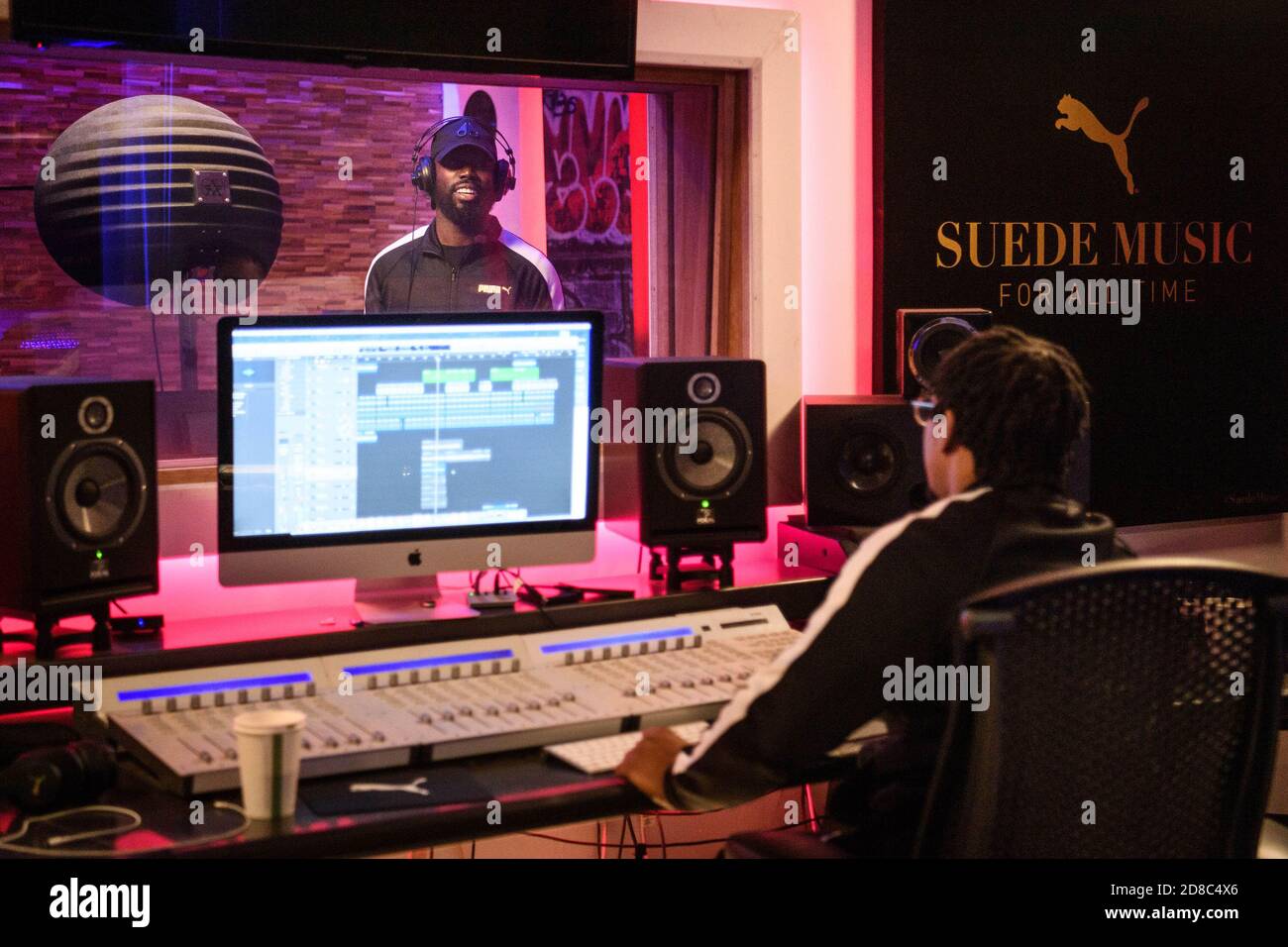 EDITORIAL USE ONLY Grime artist Ghetts recording a new track alongside  Myers and Villz, titled Newham, produced by TenBillion Dreams, to launch  the Suede Music Studio by PUMA in Ladbroke Grove, London