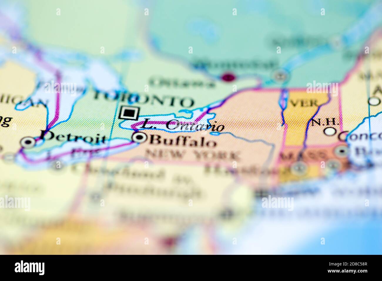 Shallow depth of field focus on geographical map location of Lake