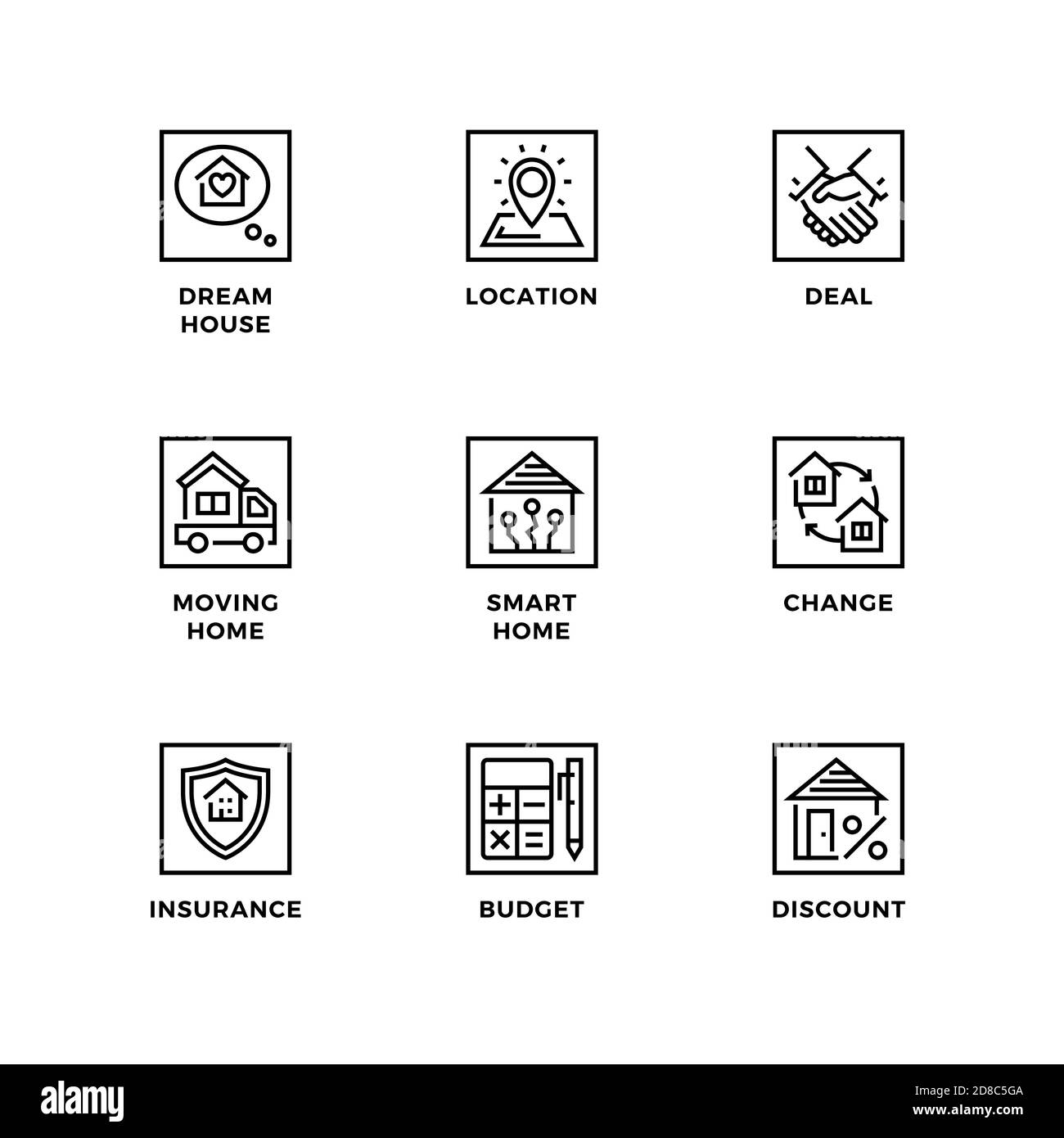 Vector set of design elements, logo design template, icons and badges for real estate. Line icon set, editable stroke. Stock Vector