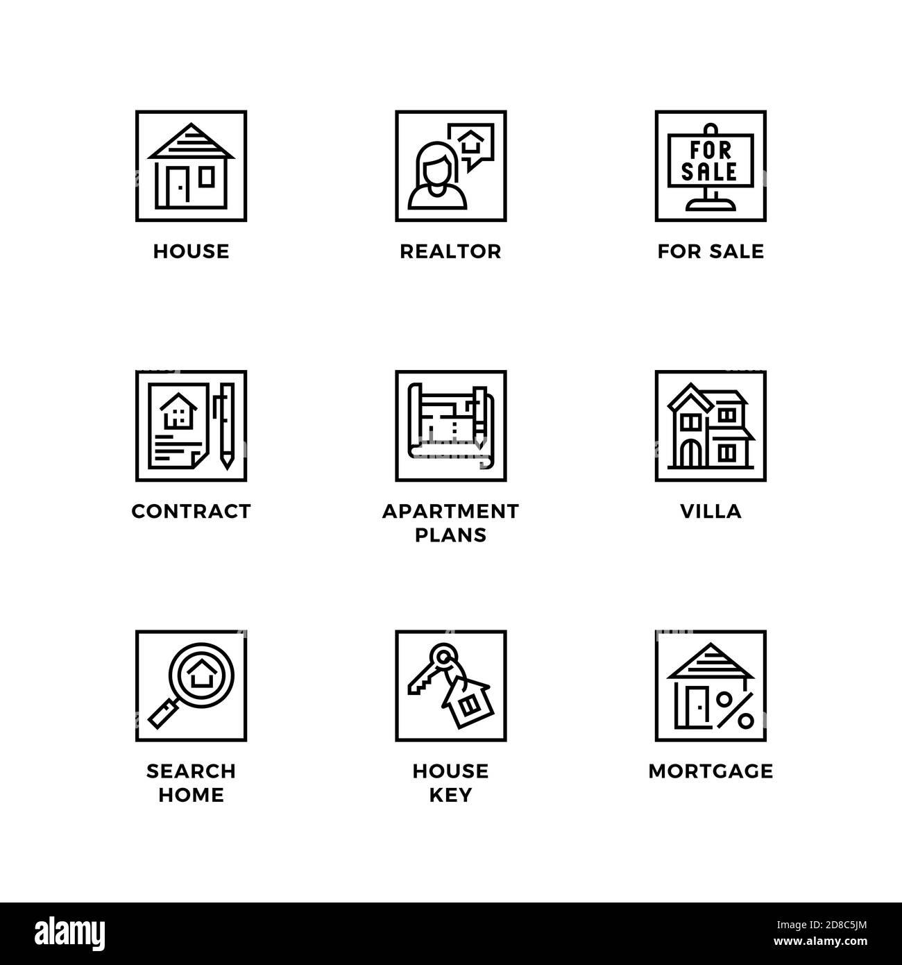 Vector set of design elements, logo design template, icons and badges for real estate. Line icon set, editable stroke. Stock Vector