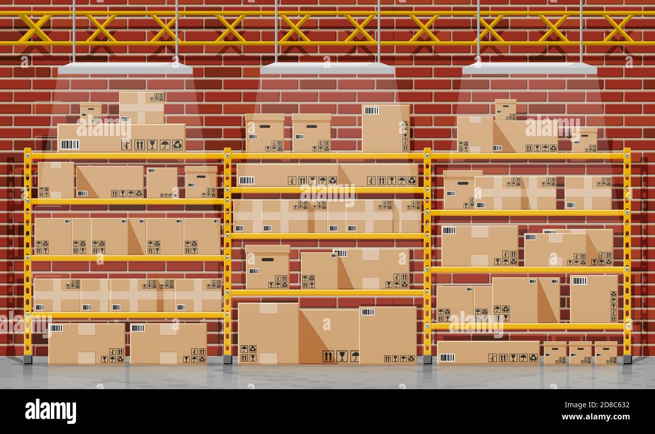 Warehouse interior with goods and container package boxes. Pile
