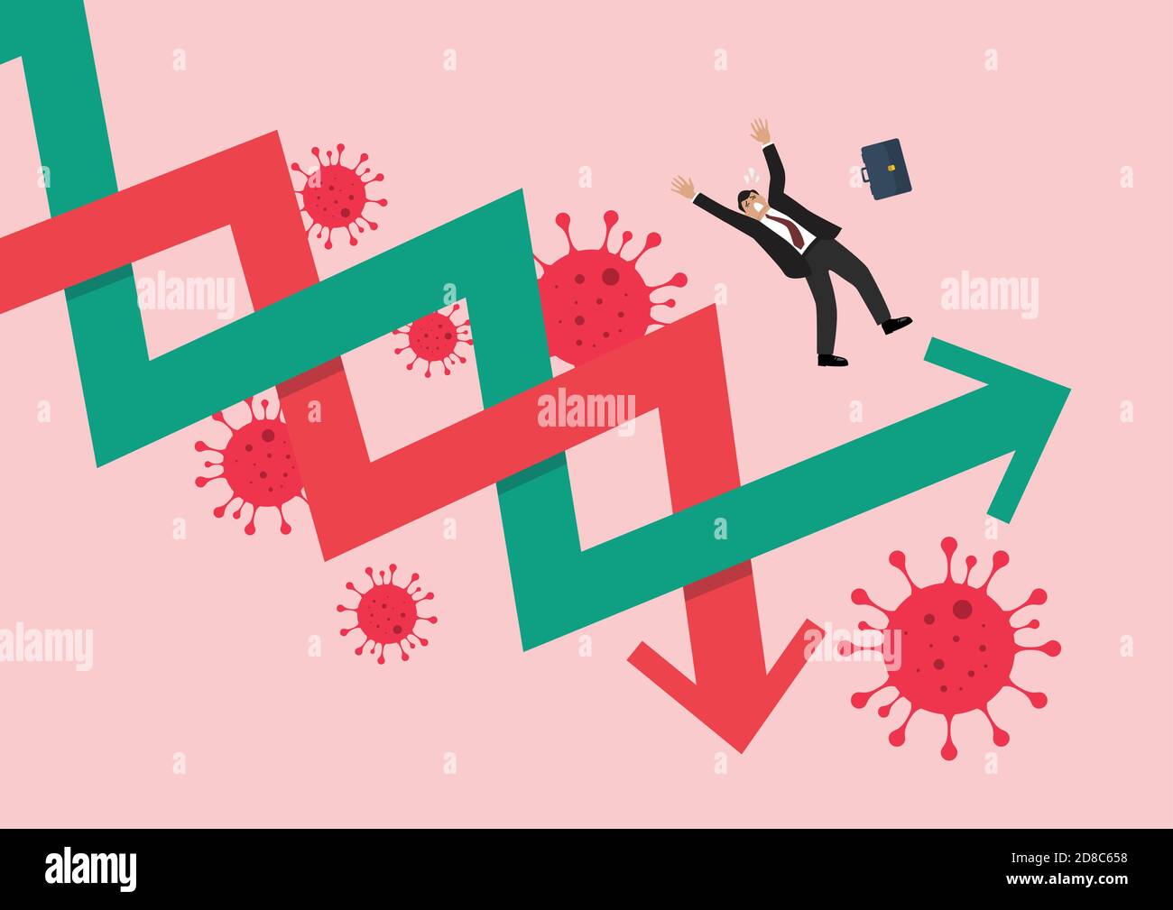 Businessman losing his balance on stock market graph due to COVID-19 pandemic. Vector illustration Stock Vector