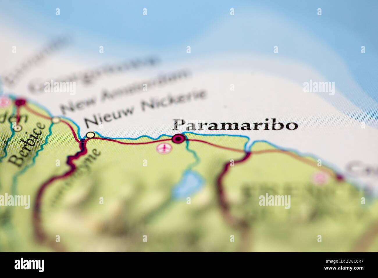 Shallow depth of field focus on geographical map location of Paramaribo ...