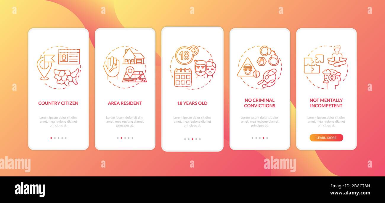 Online voting requirements onboarding mobile app page screen with concepts Stock Vector