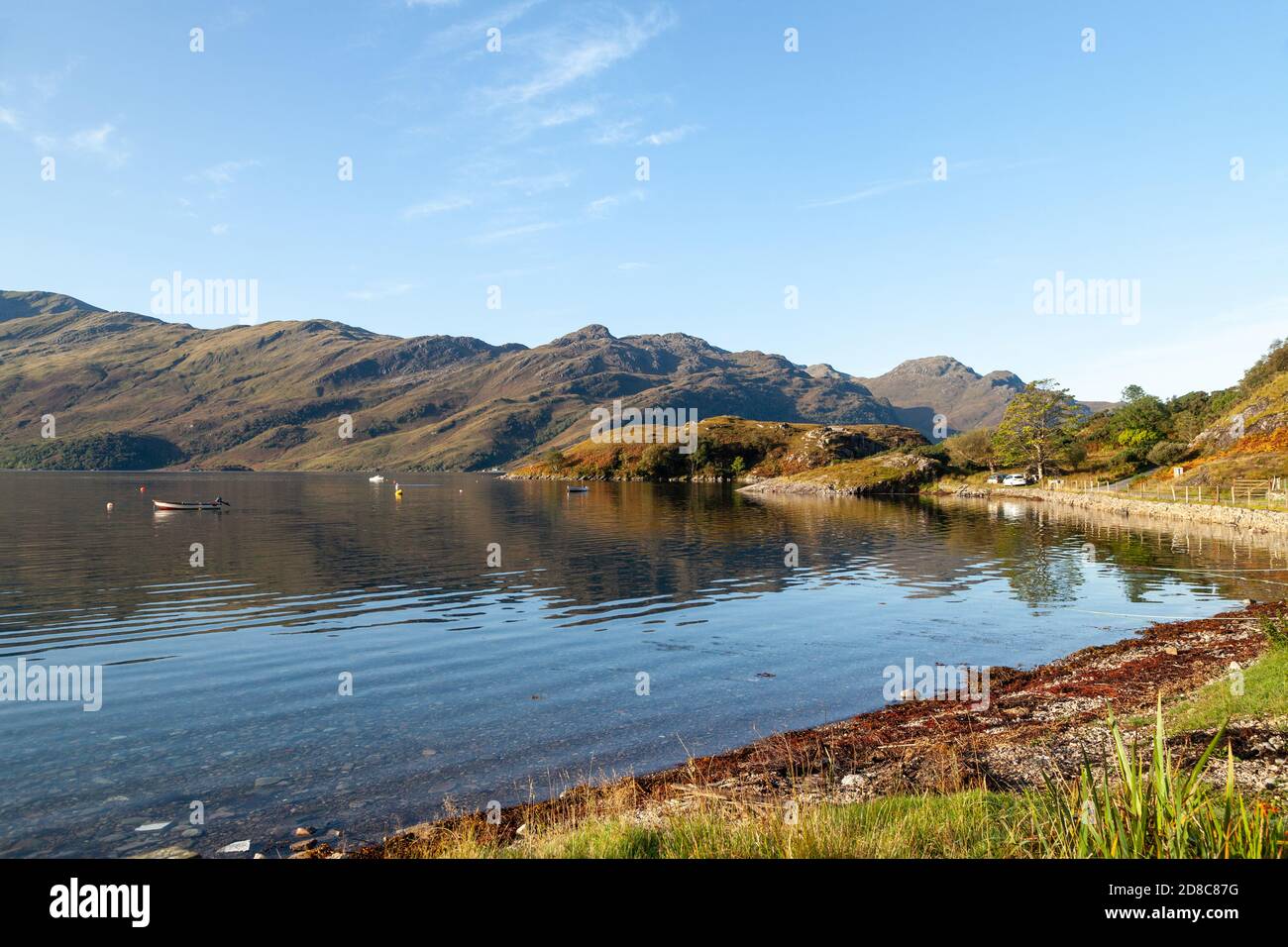 The sea front at the lovely Scottish village of Arnisdale, Scotland. Stock Photo