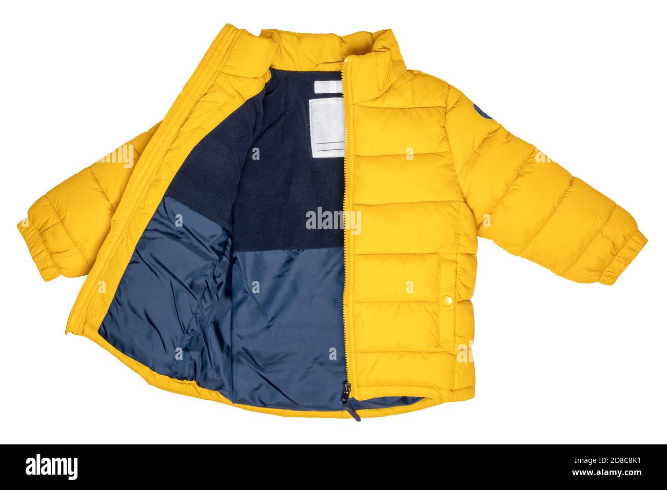 Winter jackets for children. Stylish, yellow, warm down jacket for children with removable hood, isolated on a white background. Winter fashion. Stock Photo