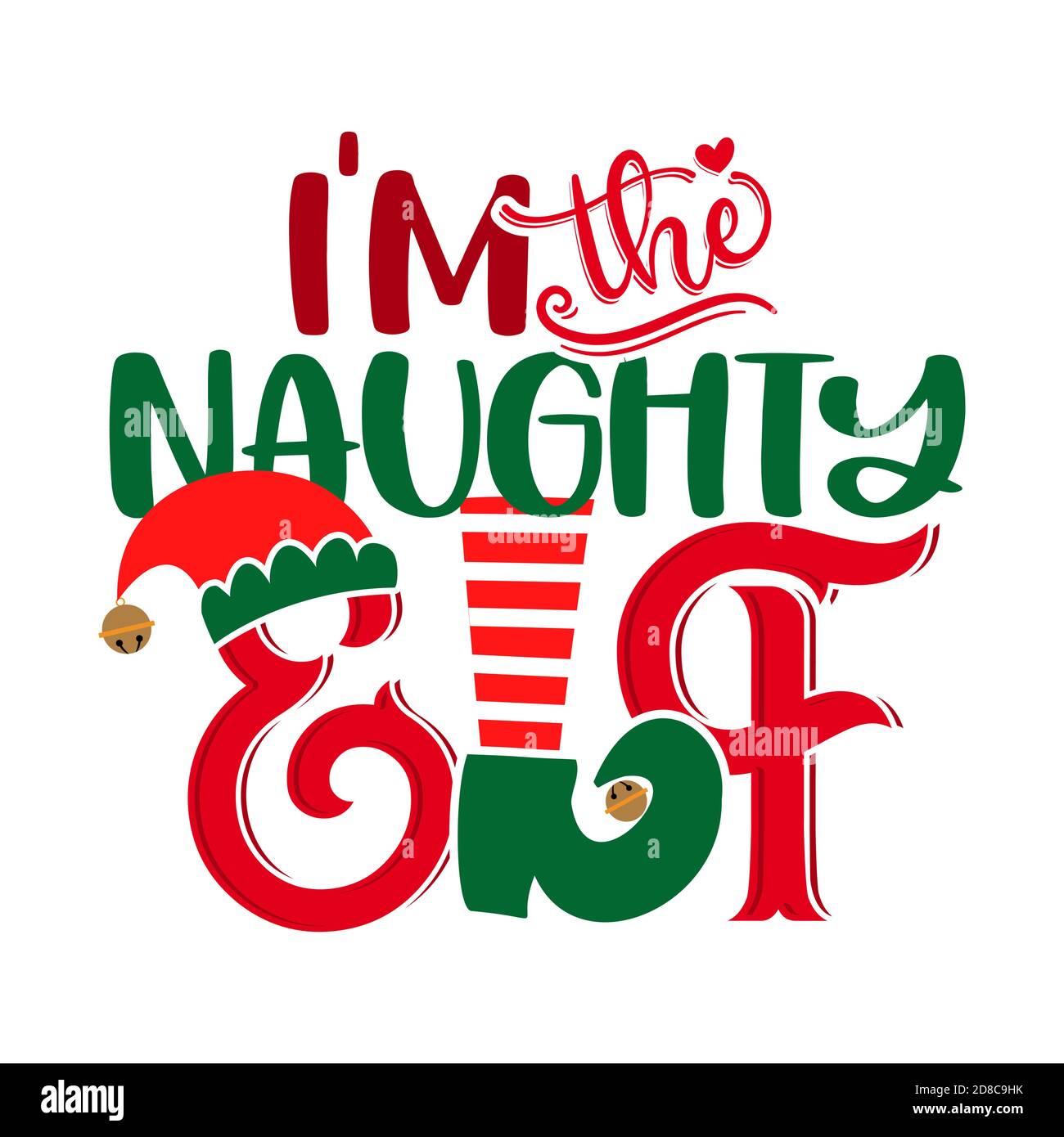 I am the naughty Elf - phrase for Christmas baby / kid clothes or ugly sweaters. Hand drawn lettering for Xmas greetings cards, invitations. Good for Stock Vector