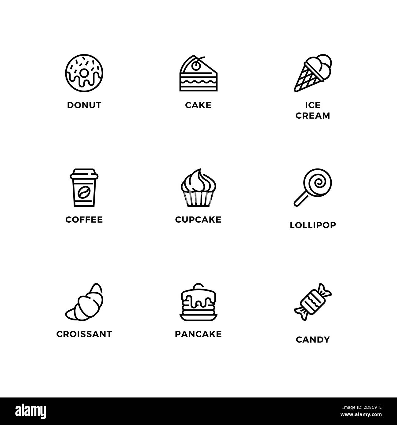 Vector set of design elements, logo design template, icons and badges for sweet-shop. Line icon set, editable stroke. Stock Vector