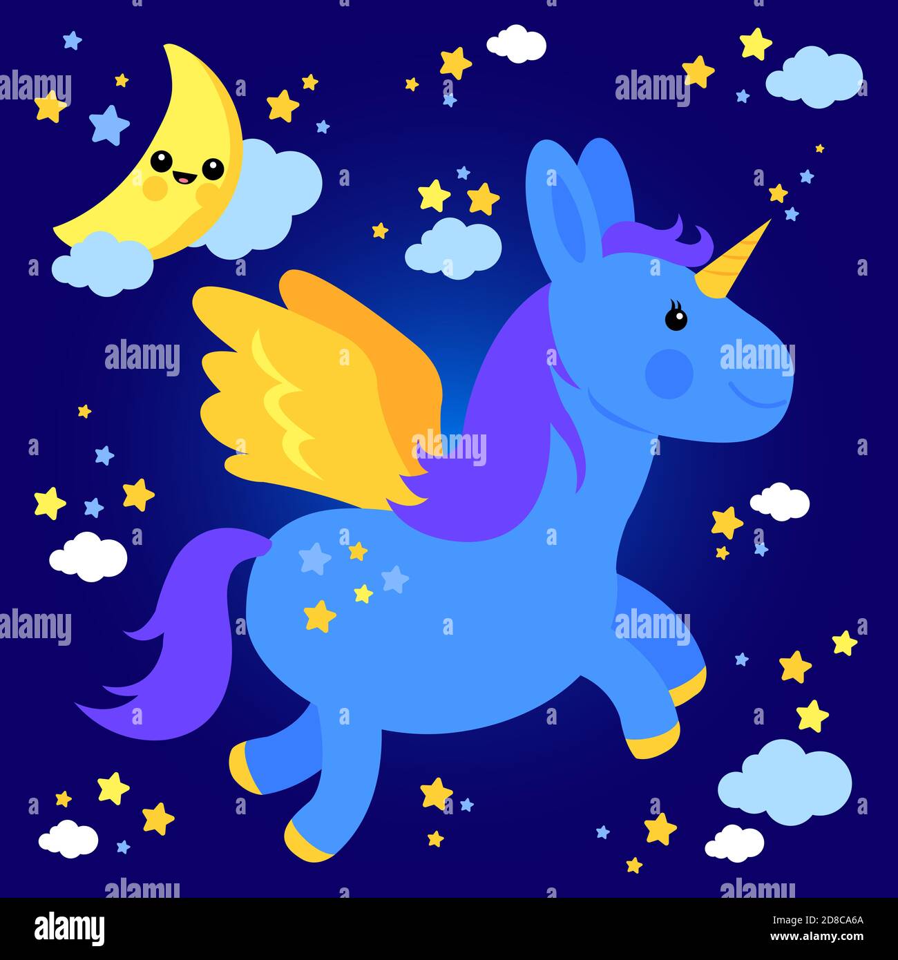 Cute moon and stars blue night sky with baby unicorn with golden wings ...