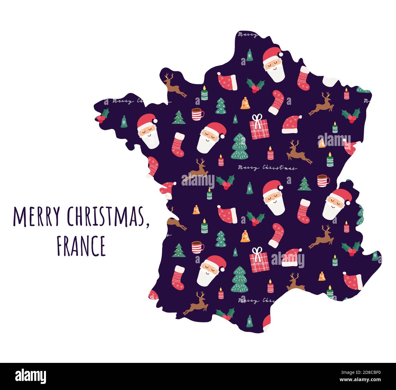 France map with seamless Christmas pattern. Santa Claus, candles, deer, berries, trees. Greeting card with New Year holiday symbol. Cartoon funny Stock Vector