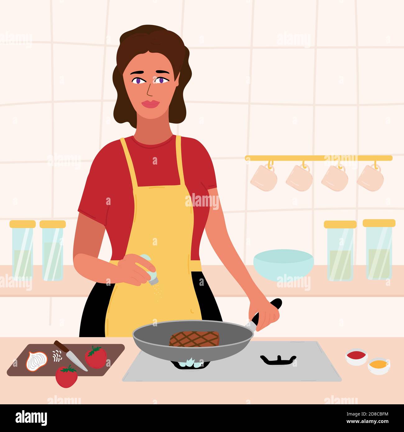 Beautiful woman cooking in her kitchen. brunette in a red dress and yellow apron roasting a steak in a frying pan. salt in hand. Cartoon vector Stock Vector