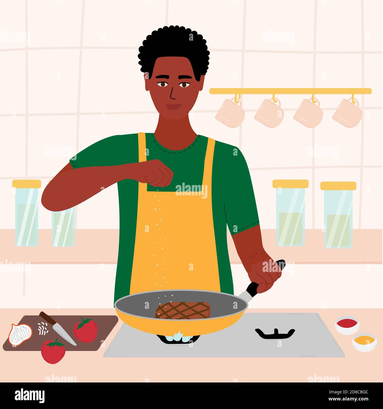 African black man cooking in his kitchen. male in a red shirt and green apron roasting a steak in a frying pan. salt in hand. Cartoon vector Stock Vector