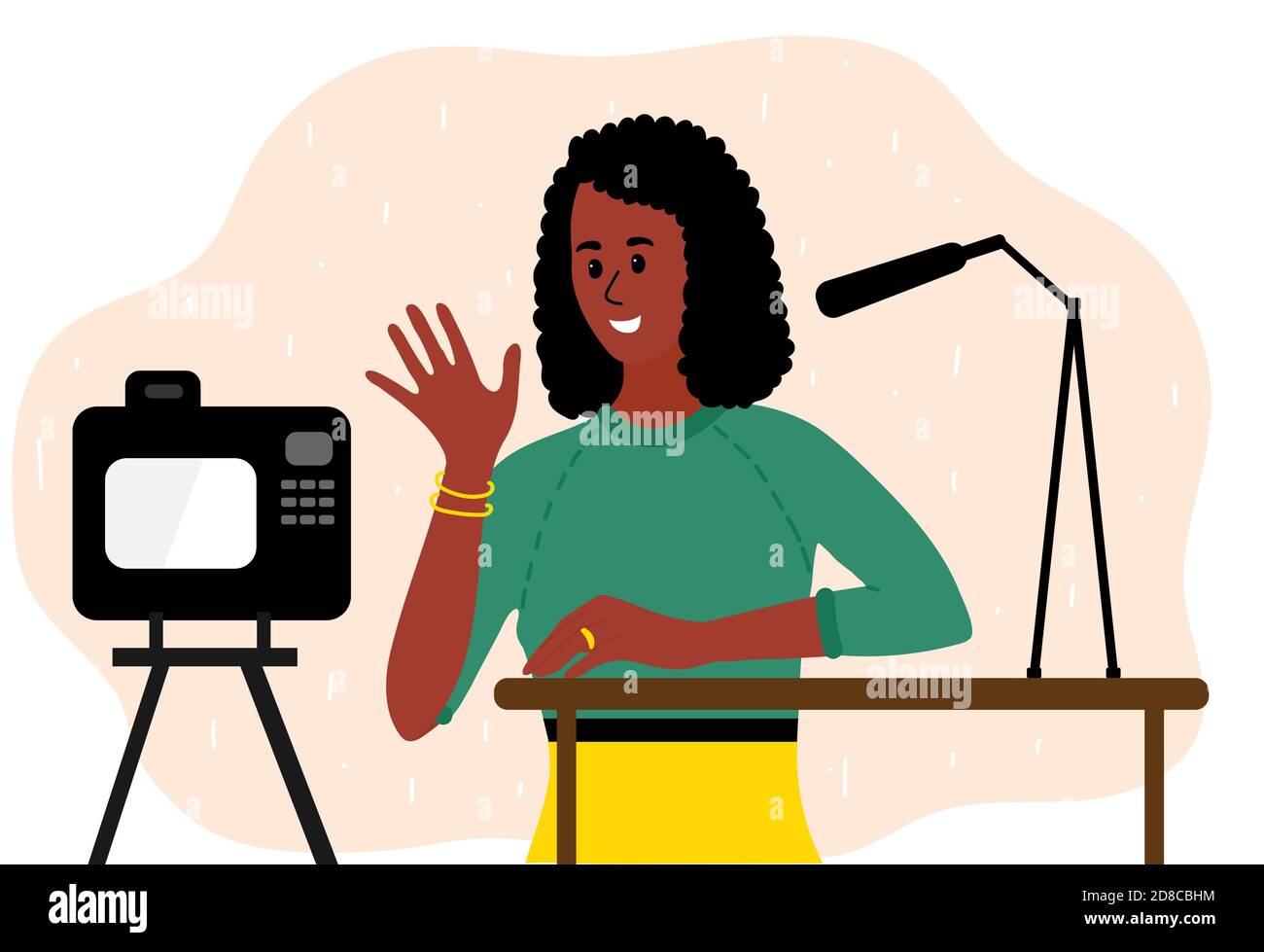 African black Woman blogger make video tutorial. Female podcaster talking to camera using microphone. Vector illustration in flat style Stock Vector