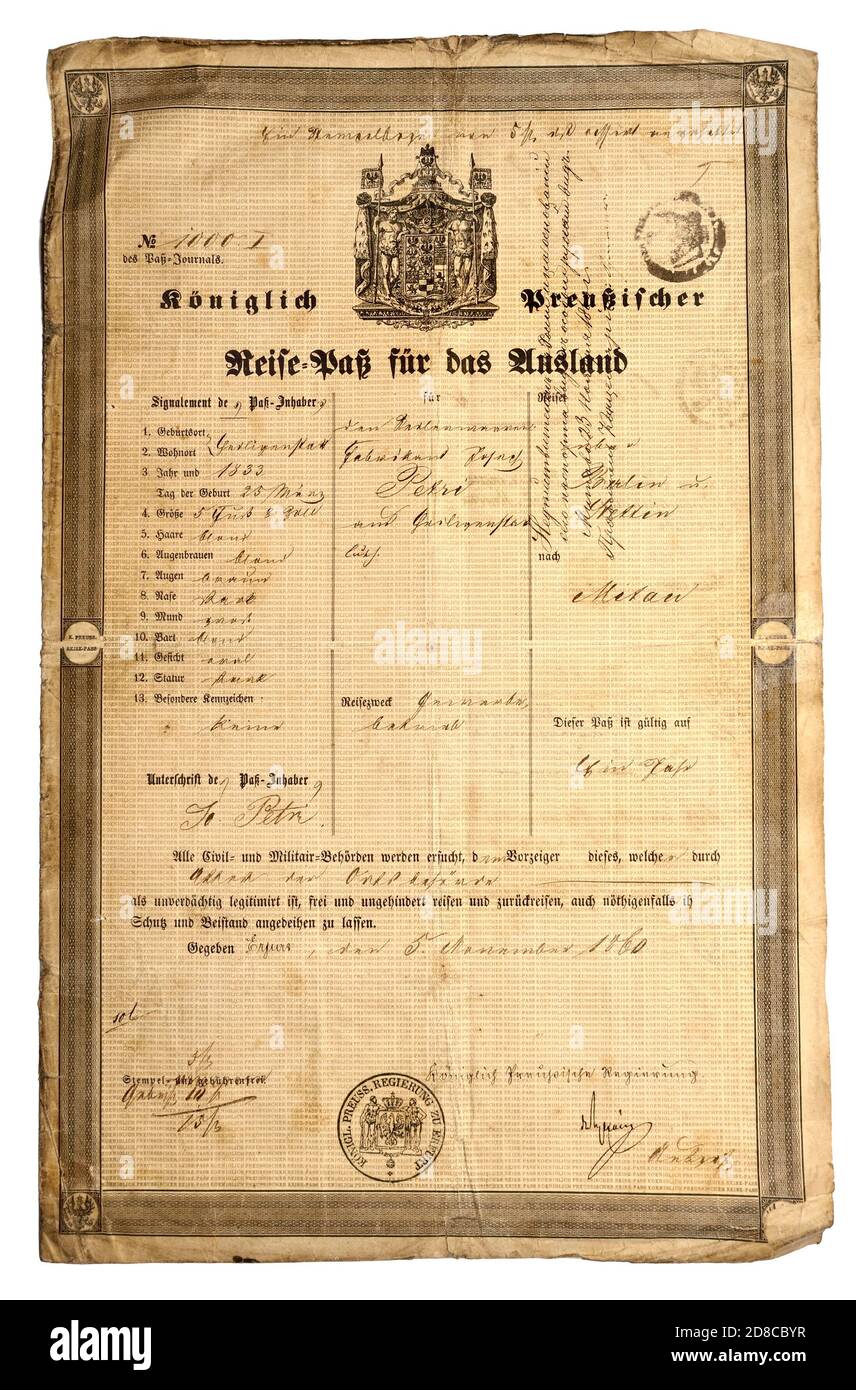German document: Prussian passport from 1860 with German Gothic script and handwritten details Stock Photo
