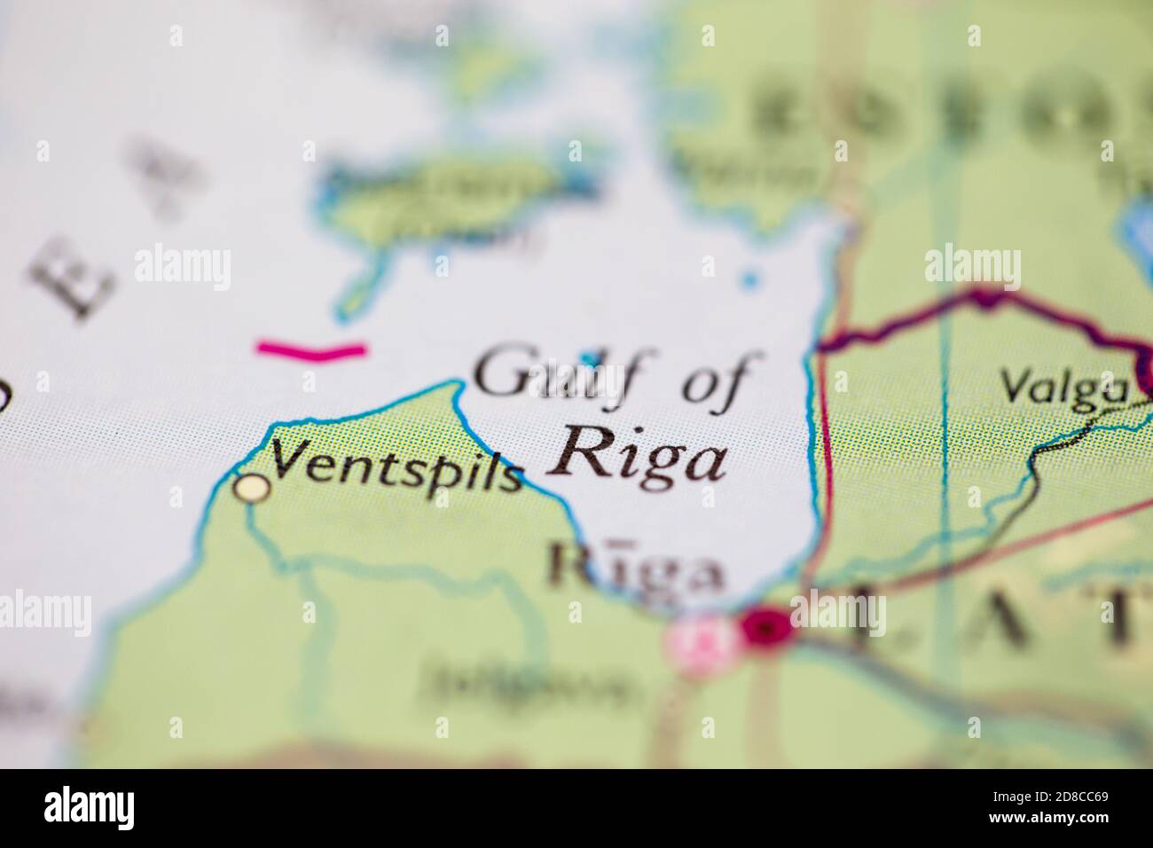 Shallow depth of field focus on geographical map location of Gulf of 