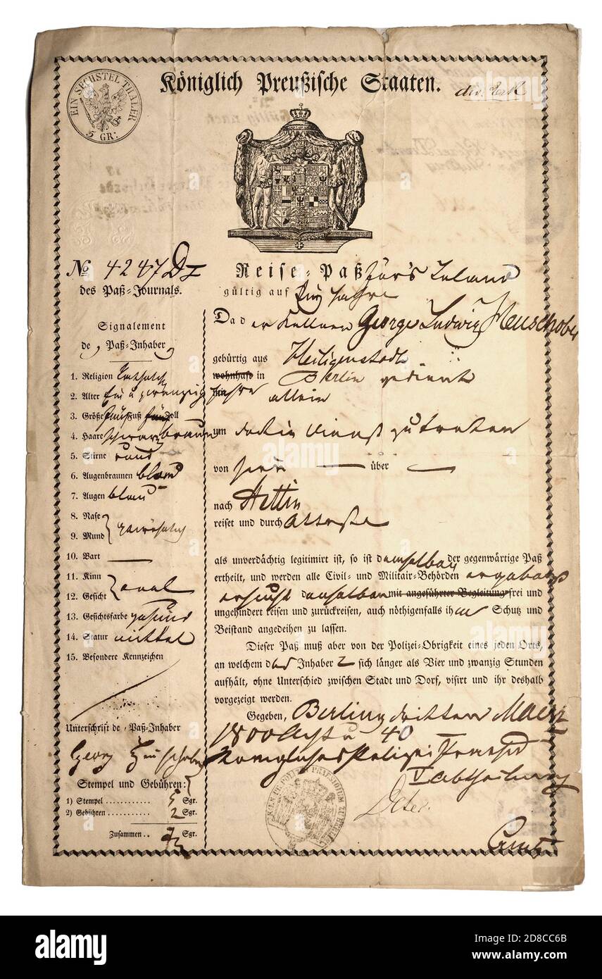 German document: Prussian passport (1848/49) with German Gothic script and handwritten details Stock Photo