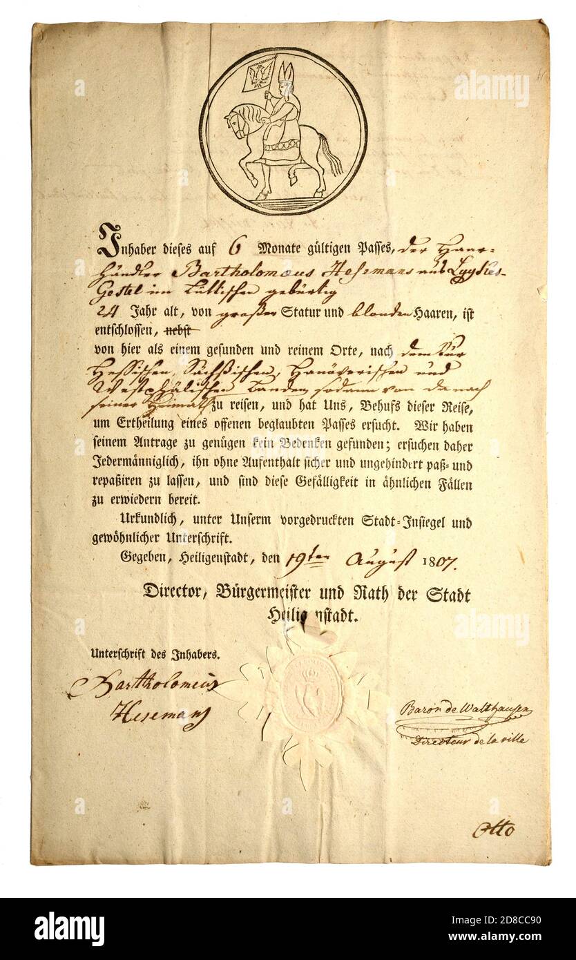 German document: passport, valid for 6 months' travel, issued by the town of Heiligenstadt, 1807, details handwritten. Issued to a 24 year old named B Stock Photo