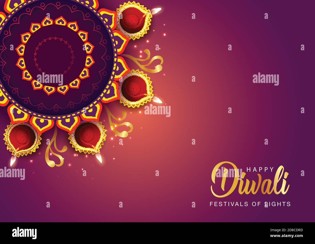 Happy Diwali celebration background. Top view of banner design decorated with illuminated oil lamps on patterned stylish background. vector illustrati Stock Vector