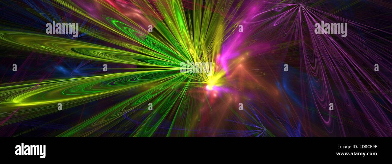 Abstract disoteque lights bright green purple blue colors over dark fractal background horizontal panoramic view image. Stock Photo