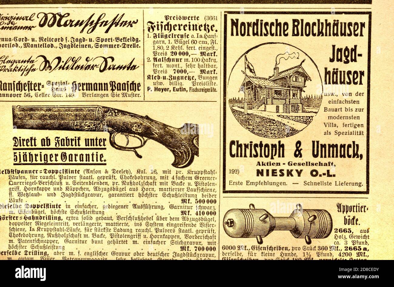 German document: Hunters' Newspaper / magazine: Deutsche Jaeger Zeitung (April 1923) classified ads at the back for hunting rifles, hunting lodges and Stock Photo