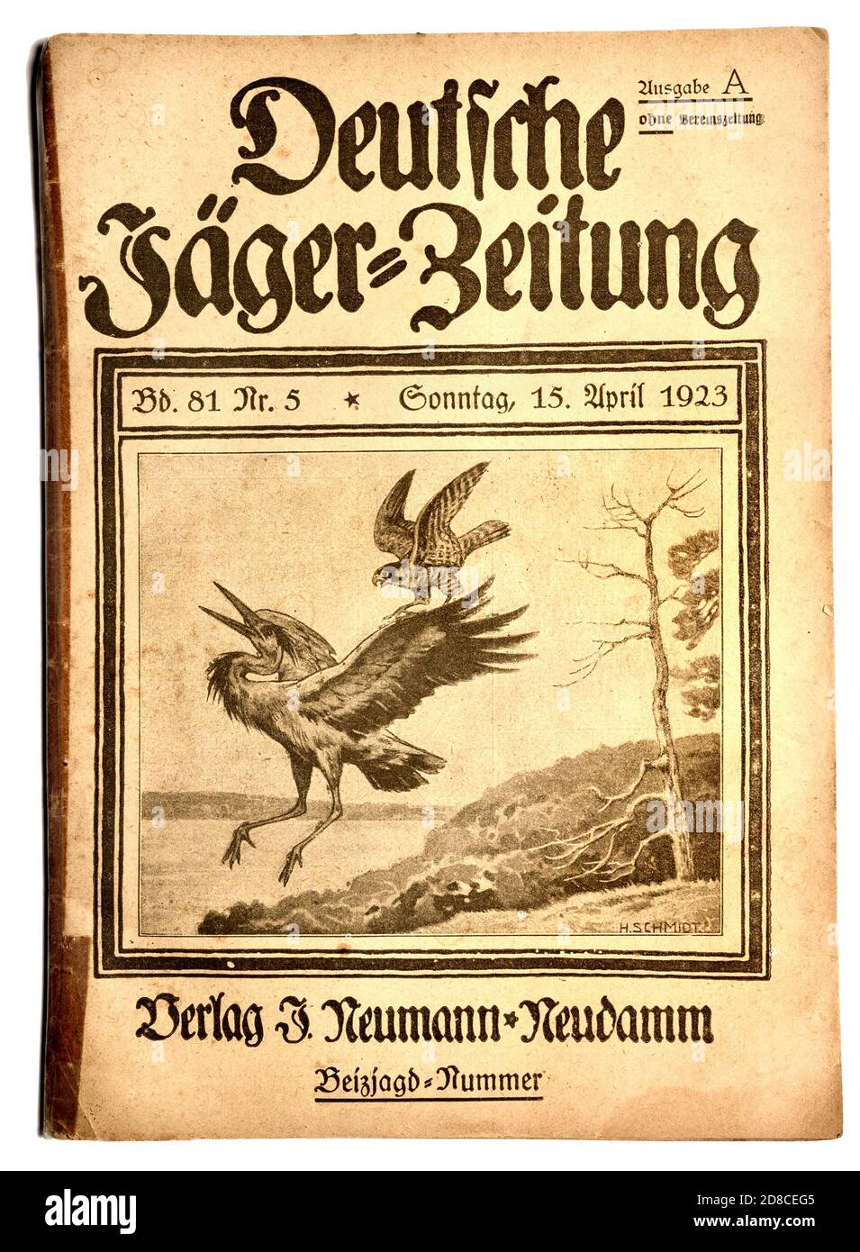German document: Hunters' Newspaper / magazine: Deutsche Jaeger Zeitung (April 1923) 'German Hunting Periodical' Front cover Stock Photo