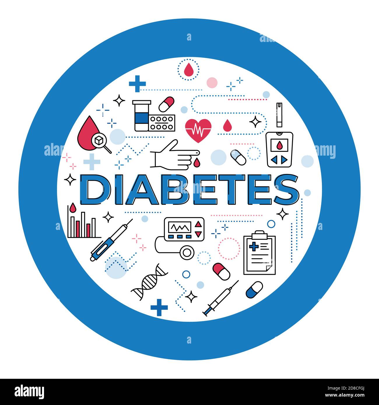 Diabetes mellitus word concept surrounded with line icons. Typography lettering design with outline signs for diabetes treatment, prevention and aware Stock Photo