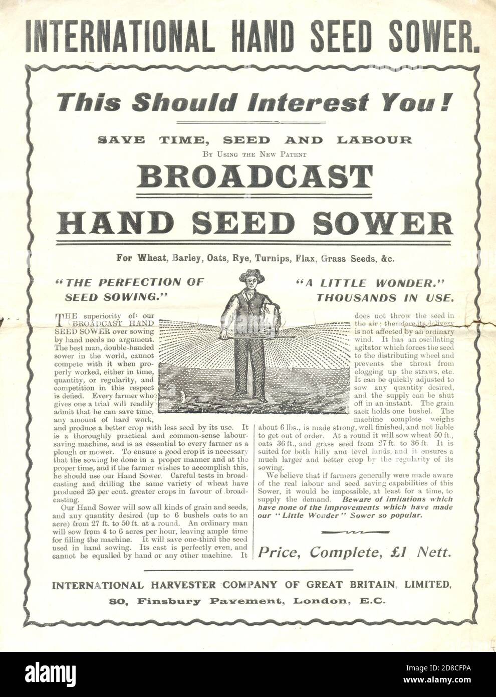 Advertising handout for the international Hand Seed Sower 1885 Stock Photo