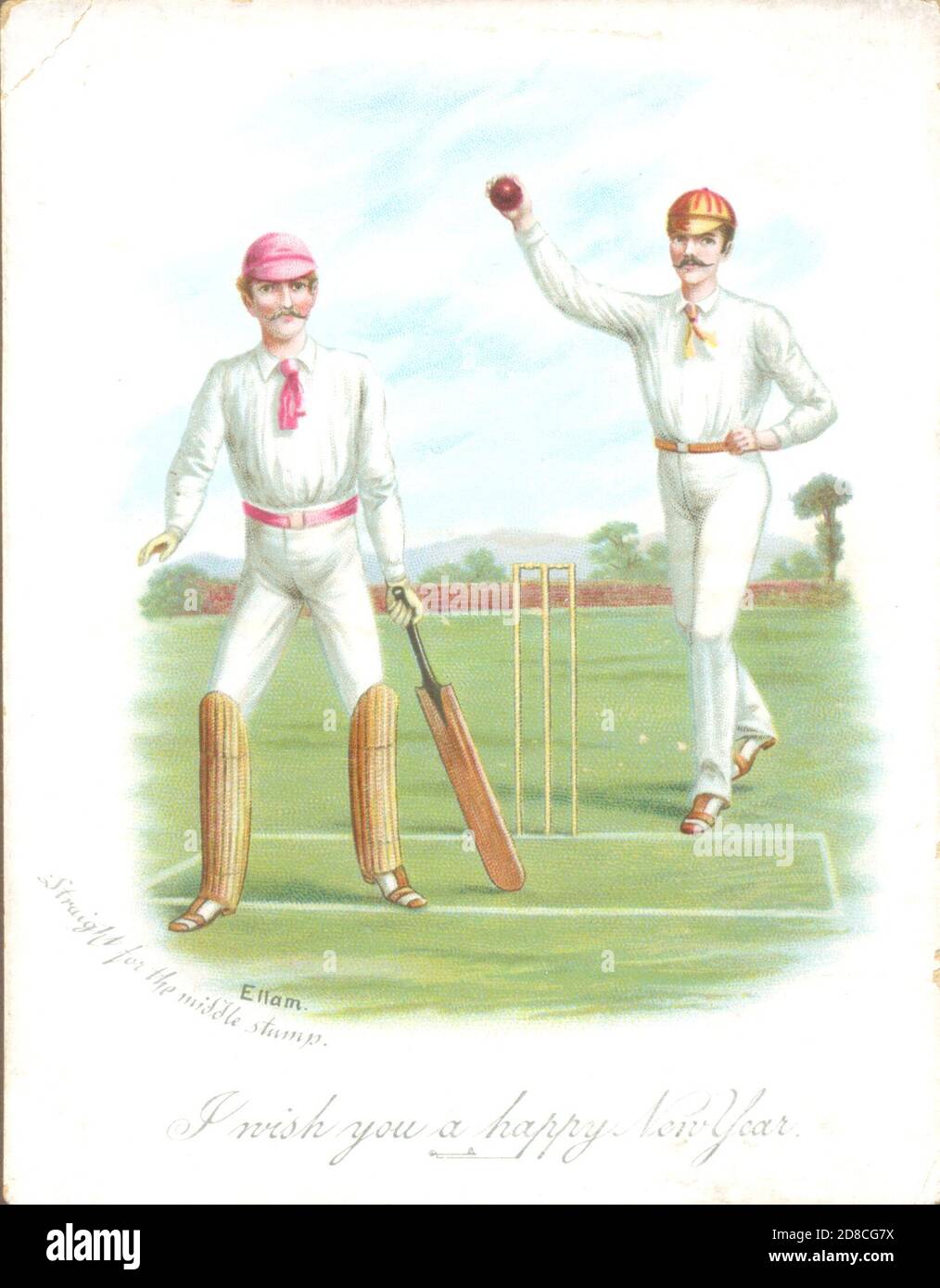 Chromolithographed New Year greeting card  showing two cricketers circa 1885 titled Straight for the middle stump Stock Photo