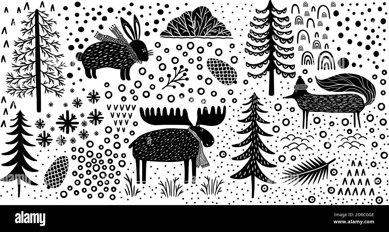 Element set nature forest wildlife Canada.Animal fox,hare,elk.Season winter park. Stock Vector