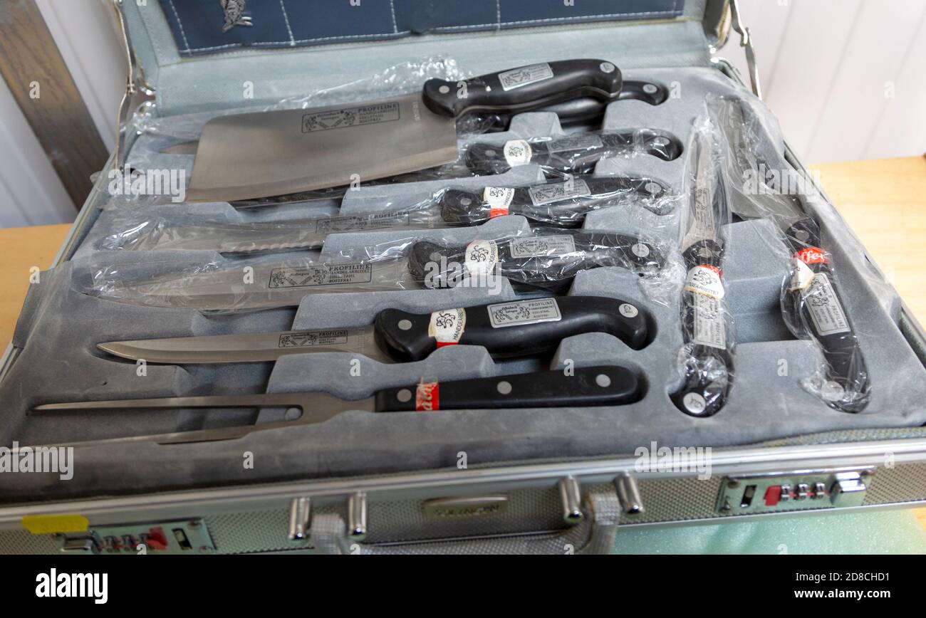 Carrying case of specialist kitchen knives by Offenbach Solingen on display for auction Stock