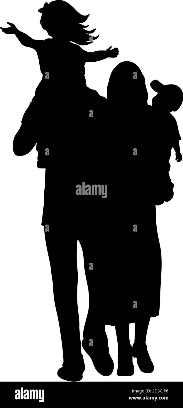 Silhouette happy family father carries daughter on shoulders and mother son in arms Stock Vector
