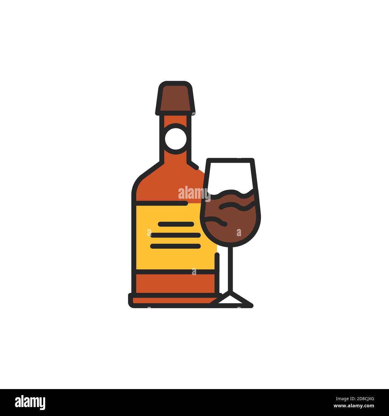 Port wine bottle and glass color line icon. Alcoholic beverages. Stock Vector