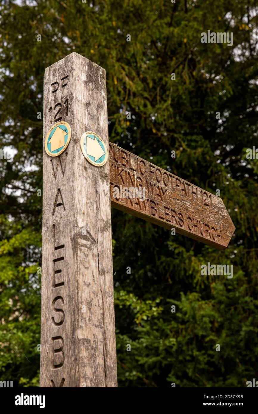 UK, England, Lincolnshire Wolds, Walesby, Viking Way public footpath sign to All Saints (The Rambler’s) church Stock Photo
