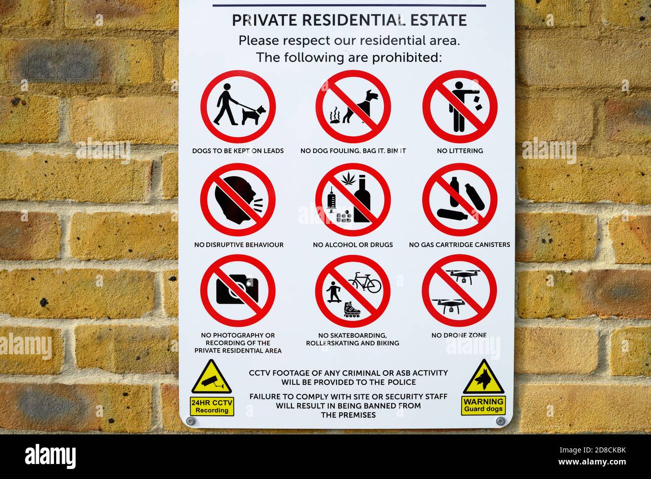 Private Residential estate area prohibited behaviour sign, East London, United Kingdom Stock Photo