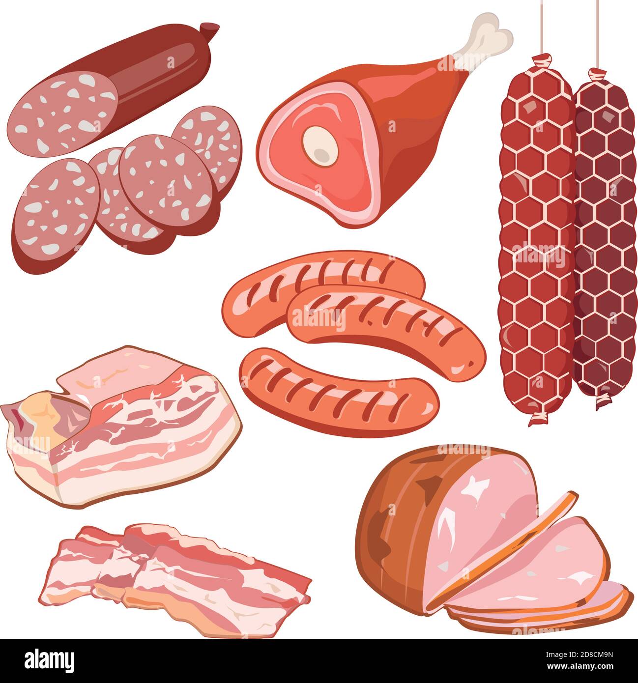 Cartoon delicious meat products. Vector illustration set Stock Vector