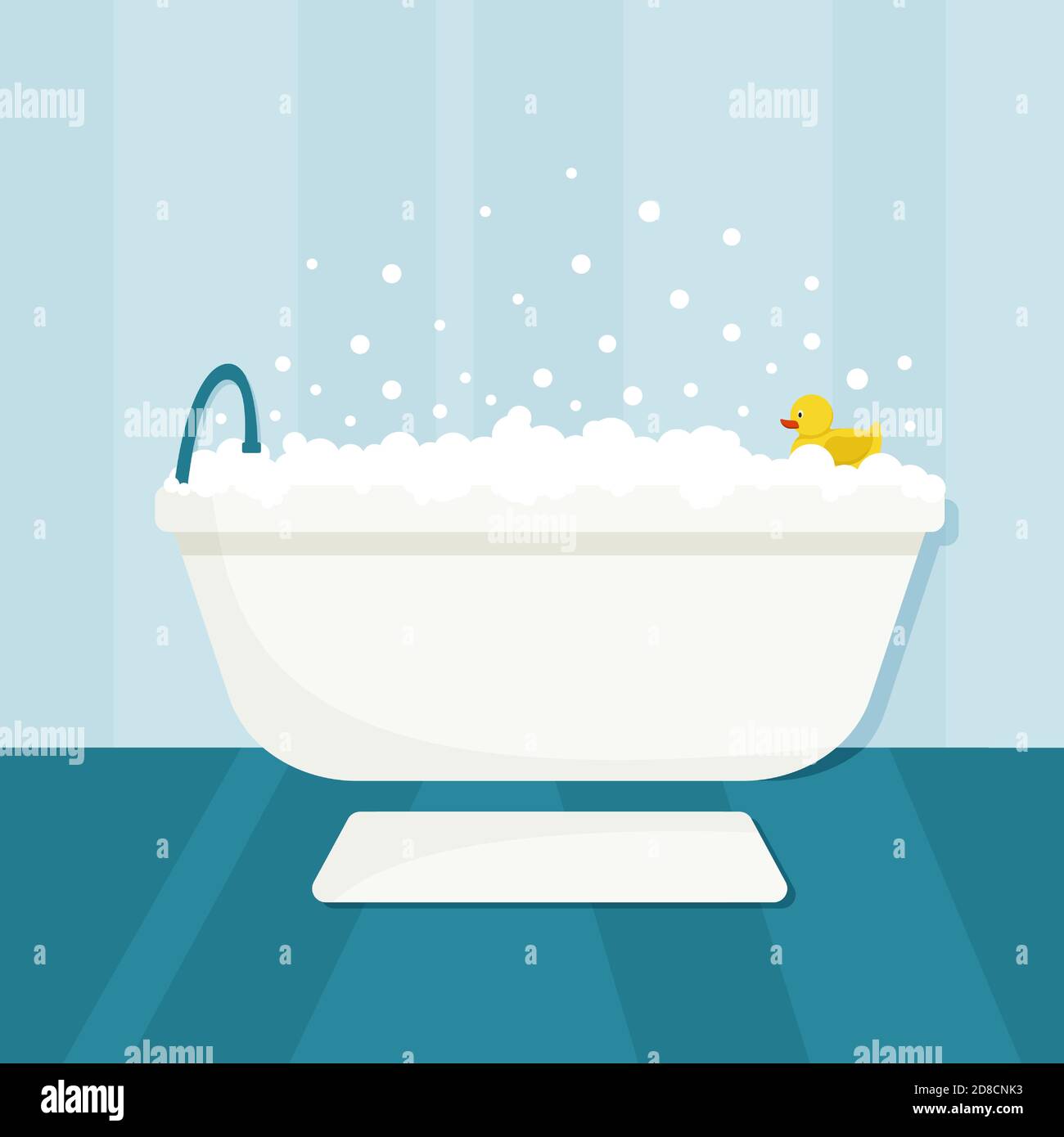 Bubble bath with yellow rubber duck. Bathtub and mat in bathroom