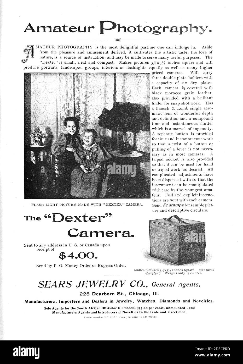 Amateur Photography Dexter Camera ad Appeared in a monthly magazine called 'Birds : illustrated by color photography' a monthly serial. Knowledge of Bird-life in 1897. Stock Photo