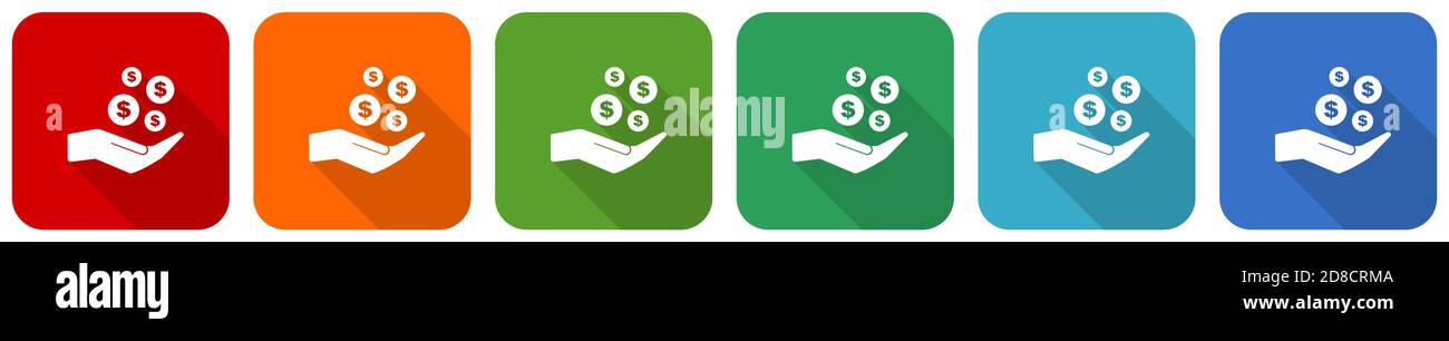 Money, cash icon set, flat design vector illustration in 6 colors ...